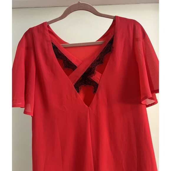 Festive Red Sheath Dress with Black Lace Trim Cross Back Flutter Sleeve Chiffon - Picture 2 of 6